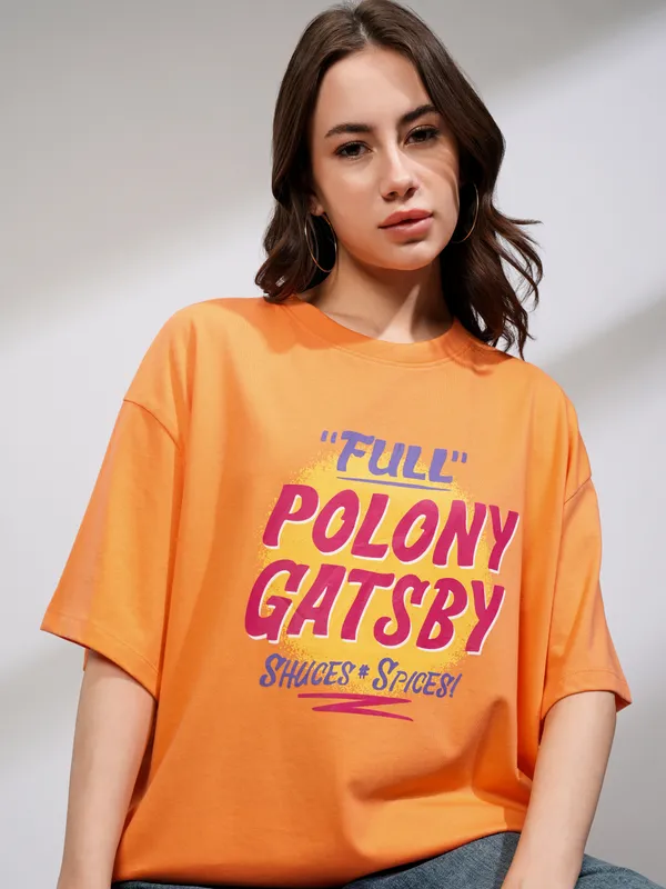 Tokyo Talkies Women Orange Printed Round Neck Oversized Fit T-Shirt
