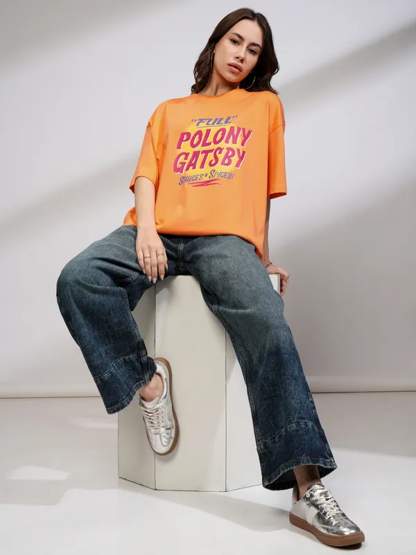 Tokyo Talkies Women Orange Printed Round Neck Oversized Fit T-Shirt