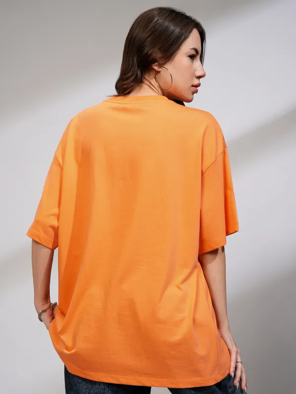 Tokyo Talkies Women Orange Printed Round Neck Oversized Fit T-Shirt