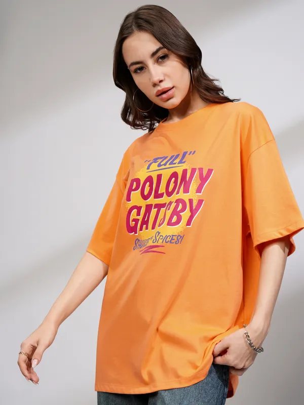 Tokyo Talkies Women Orange Printed Round Neck Oversized Fit T-Shirt