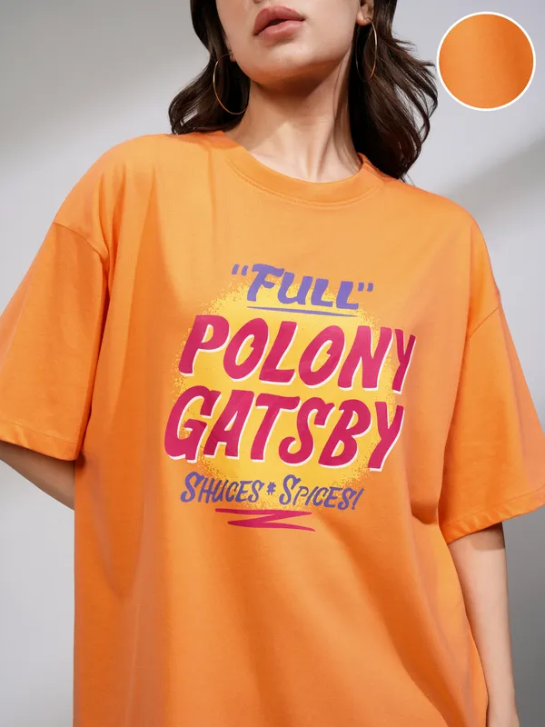 Tokyo Talkies Women Orange Printed Round Neck Oversized Fit T-Shirt