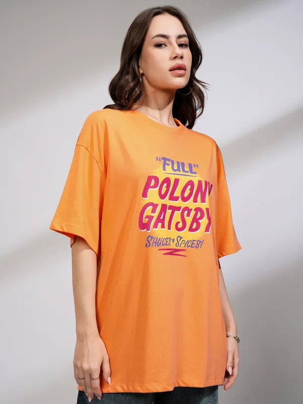 Tokyo Talkies Women Orange Printed Round Neck Oversized Fit T-Shirt