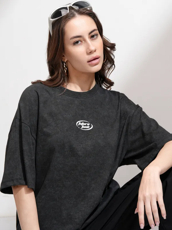 Tokyo Talkies Women Black Printed Round Neck Oversized Fit T-Shirt