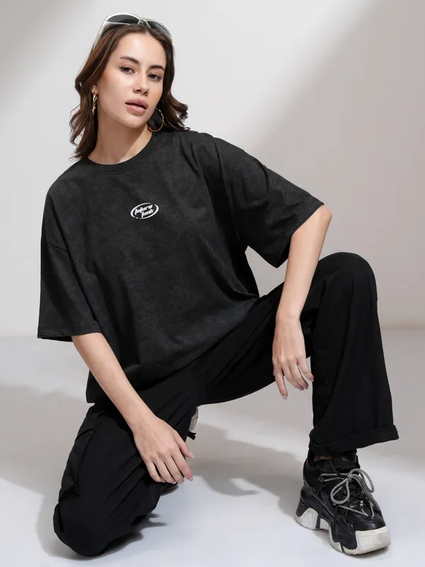 Tokyo Talkies Women Black Printed Round Neck Oversized Fit T-Shirt