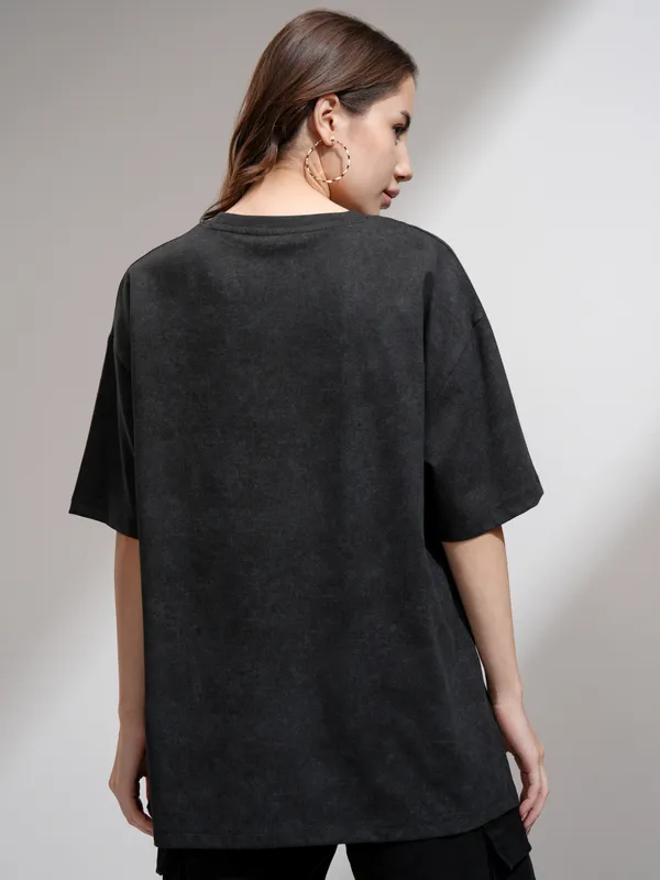 Tokyo Talkies Women Black Printed Round Neck Oversized Fit T-Shirt