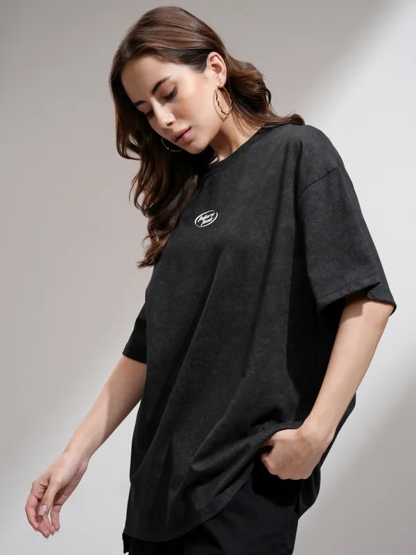 Tokyo Talkies Women Black Printed Round Neck Oversized Fit T-Shirt