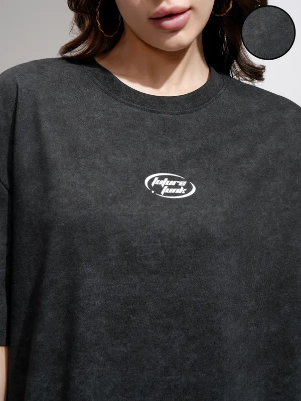 Tokyo Talkies Women Black Printed Round Neck Oversized Fit T-Shirt