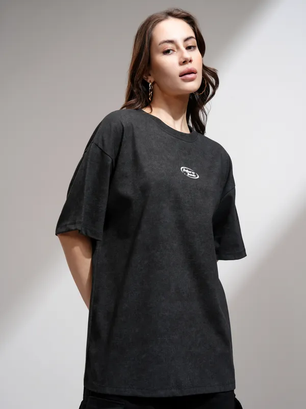 Tokyo Talkies Women Black Printed Round Neck Oversized Fit T-Shirt