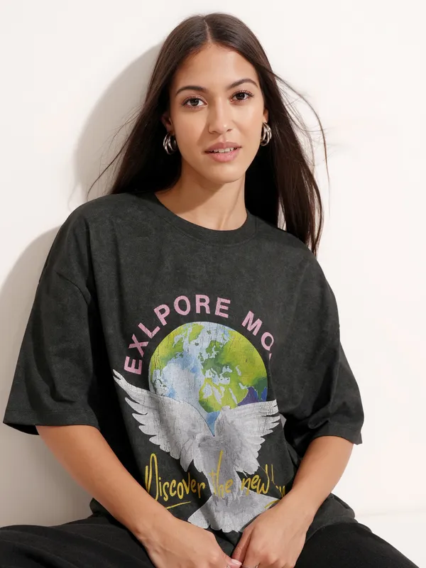 Tokyo Talkies Women Black Printed Round Neck Oversized Fit T-Shirt