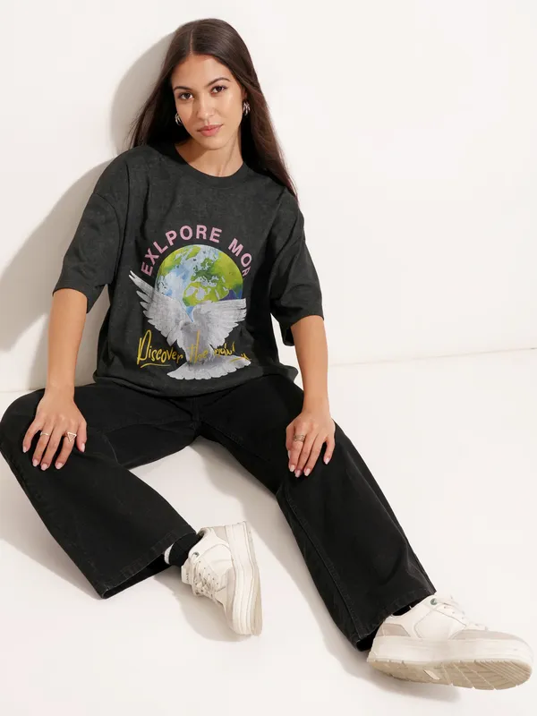Tokyo Talkies Women Black Printed Round Neck Oversized Fit T-Shirt