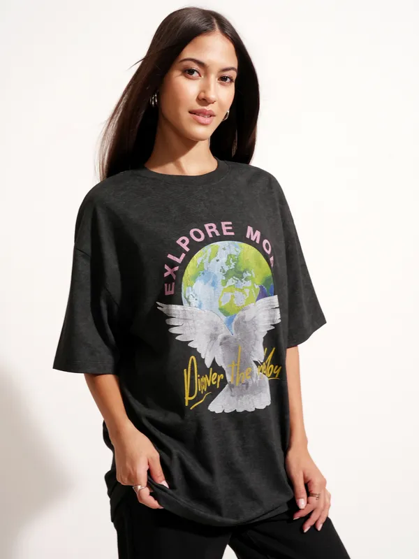 Tokyo Talkies Women Black Printed Round Neck Oversized Fit T-Shirt