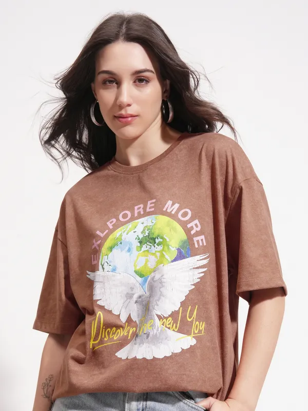 Tokyo Talkies Women Brown Printed Round Neck Oversized Fit T-Shirt