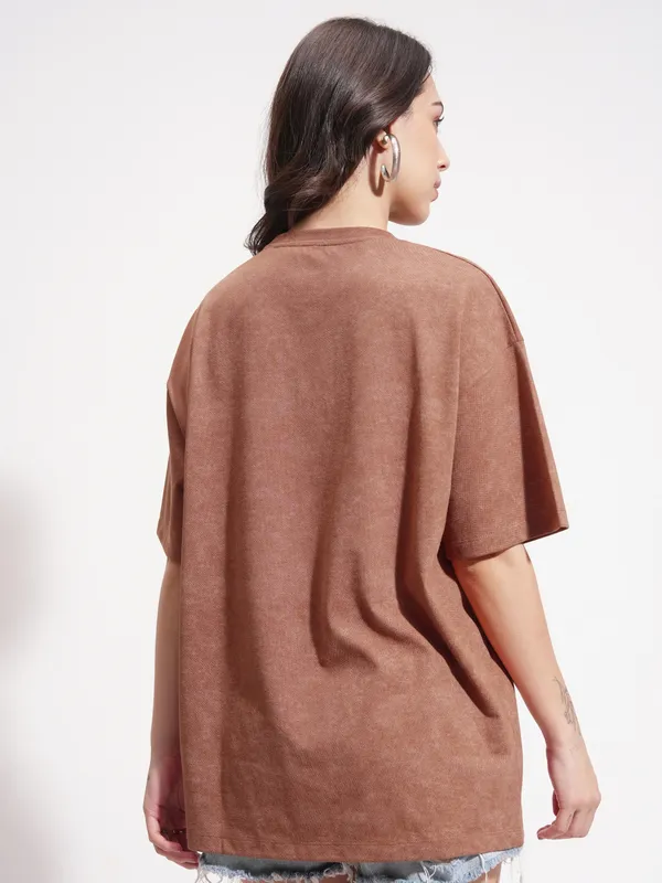 Tokyo Talkies Women Brown Printed Round Neck Oversized Fit T-Shirt