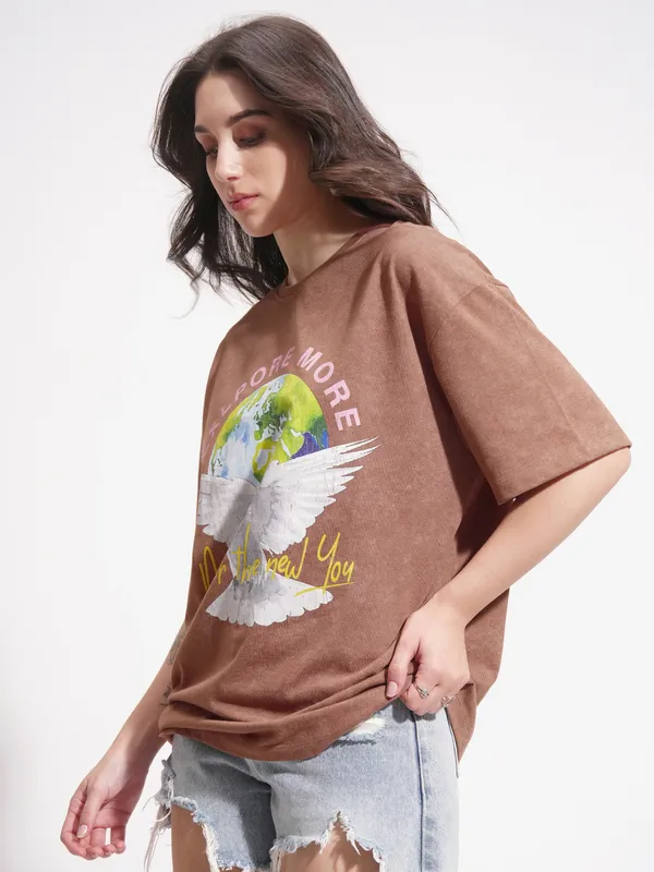 Tokyo Talkies Women Brown Printed Round Neck Oversized Fit T-Shirt