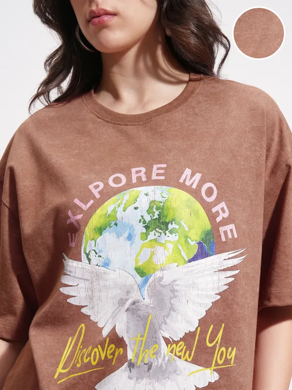 Tokyo Talkies Women Brown Printed Round Neck Oversized Fit T-Shirt