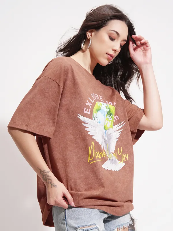 Tokyo Talkies Women Brown Printed Round Neck Oversized Fit T-Shirt