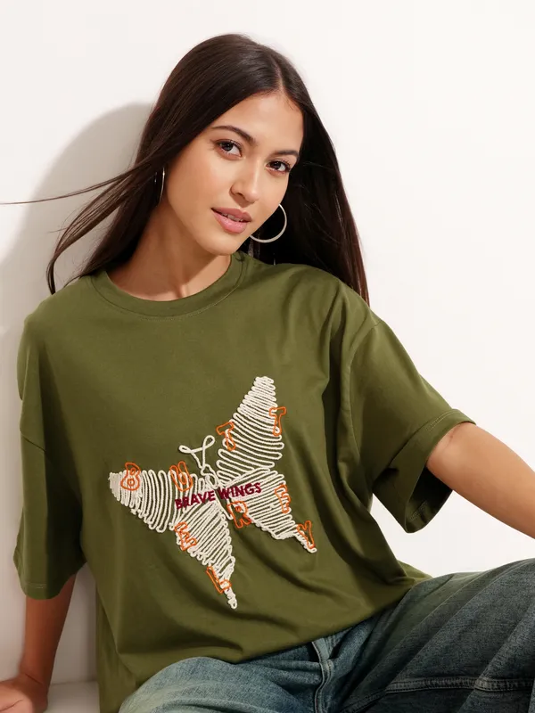 Tokyo Talkies Women Olive Applique Round Neck Oversized Fit T-Shirt