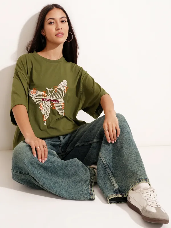 Tokyo Talkies Women Olive Applique Round Neck Oversized Fit T-Shirt