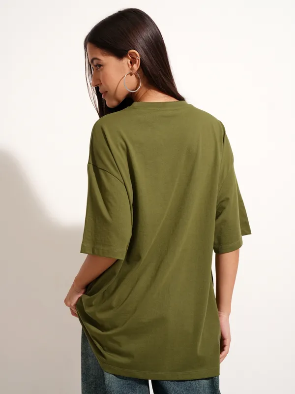 Tokyo Talkies Women Olive Applique Round Neck Oversized Fit T-Shirt
