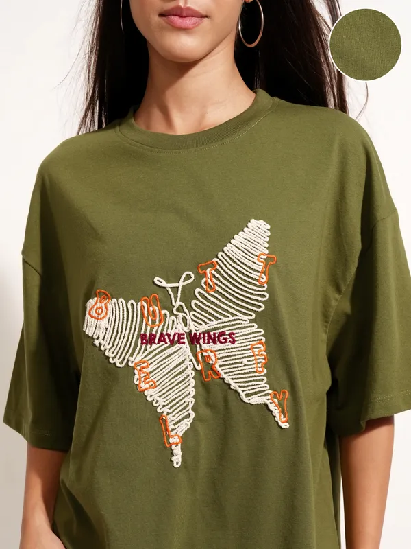 Tokyo Talkies Women Olive Applique Round Neck Oversized Fit T-Shirt