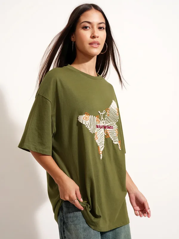 Tokyo Talkies Women Olive Applique Round Neck Oversized Fit T-Shirt