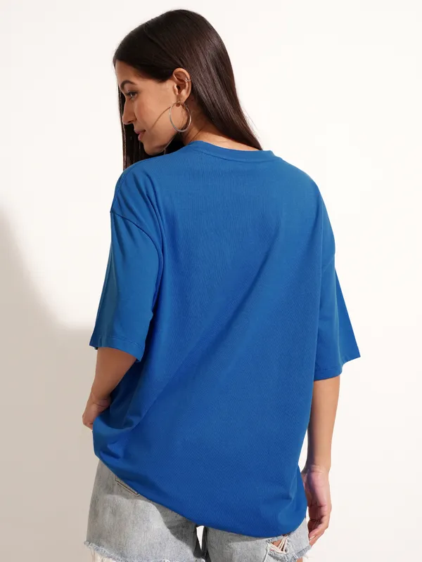 Tokyo Talkies Women Blue Applique Round Neck Oversized Fit T-Shirt