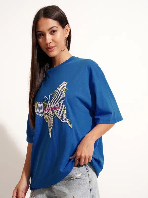Tokyo Talkies Women Blue Applique Round Neck Oversized Fit T-Shirt