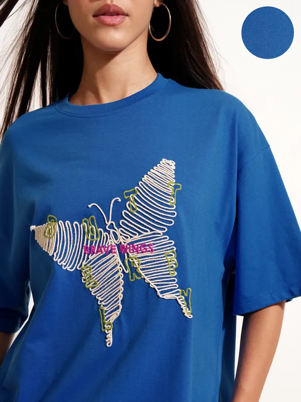 Tokyo Talkies Women Blue Applique Round Neck Oversized Fit T-Shirt