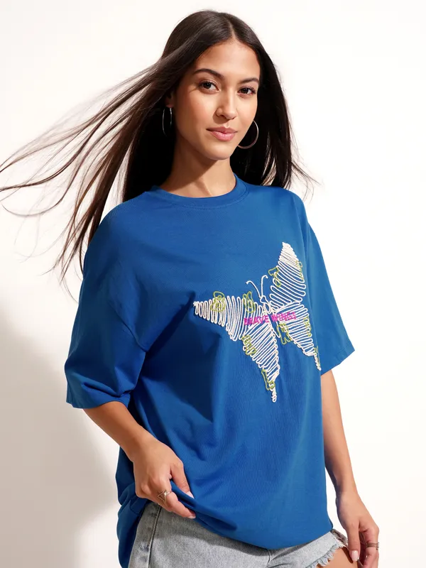 Tokyo Talkies Women Blue Applique Round Neck Oversized Fit T-Shirt