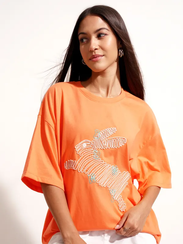 Tokyo Talkies Women Orange Applique Round Neck Oversized Fit T-Shirt
