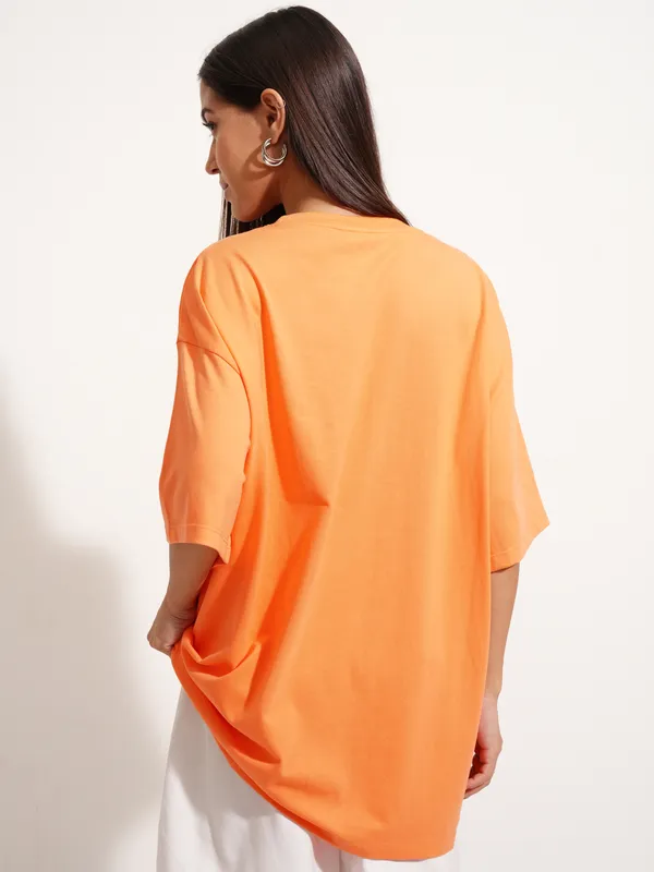 Tokyo Talkies Women Orange Applique Round Neck Oversized Fit T-Shirt