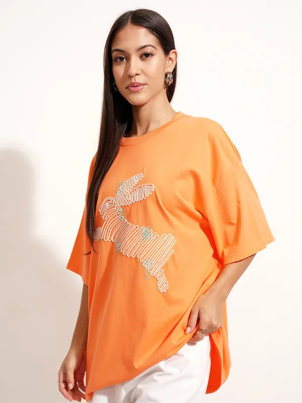 Tokyo Talkies Women Orange Applique Round Neck Oversized Fit T-Shirt