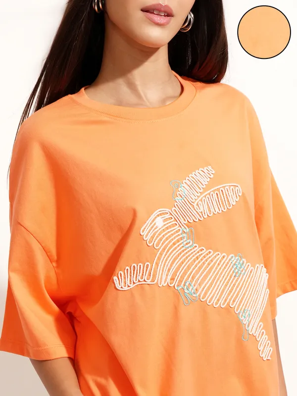 Tokyo Talkies Women Orange Applique Round Neck Oversized Fit T-Shirt