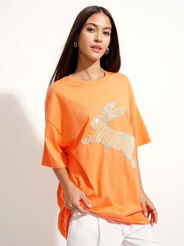 Tokyo Talkies Women Orange Applique Round Neck Oversized Fit T-Shirt
