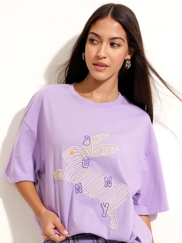 Tokyo Talkies Women Purple Applique Round Neck Oversized Fit T-Shirt