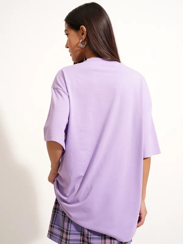 Tokyo Talkies Women Purple Applique Round Neck Oversized Fit T-Shirt