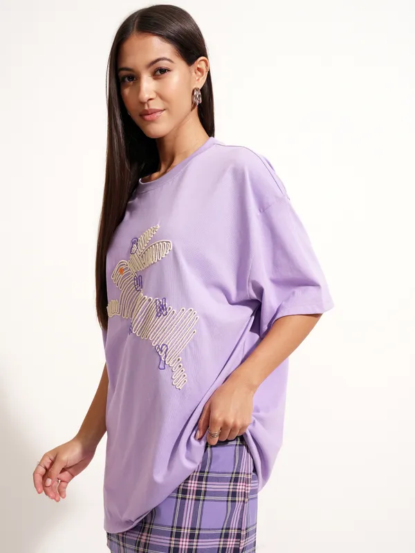 Tokyo Talkies Women Purple Applique Round Neck Oversized Fit T-Shirt