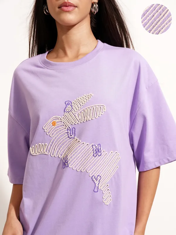 Tokyo Talkies Women Purple Applique Round Neck Oversized Fit T-Shirt