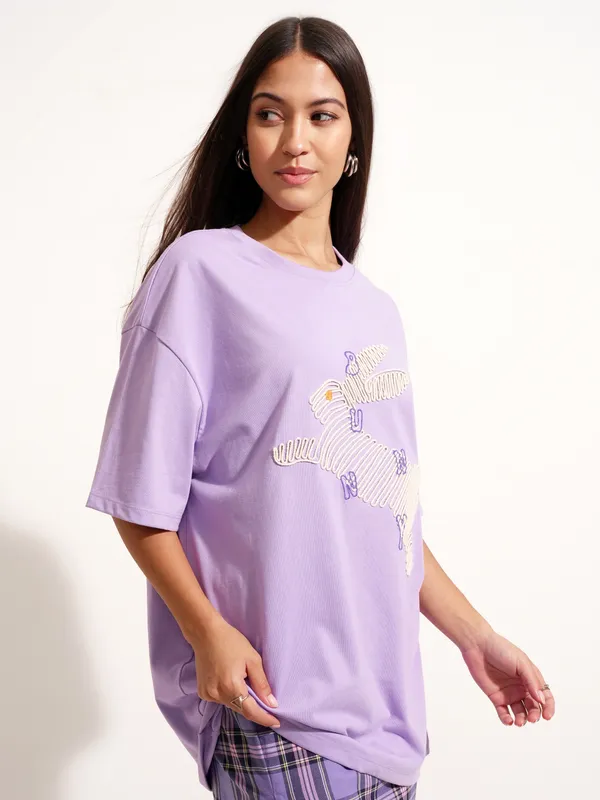 Tokyo Talkies Women Purple Applique Round Neck Oversized Fit T-Shirt