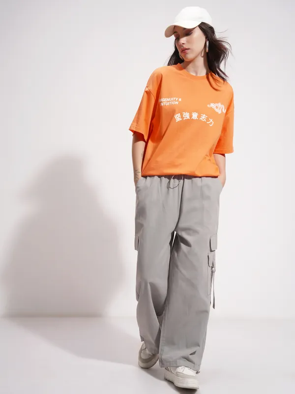 Tokyo Talkies Women Orange Printed Round Neck Oversized Fit T-Shirt