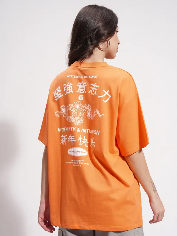 Tokyo Talkies Women Orange Printed Round Neck Oversized Fit T-Shirt