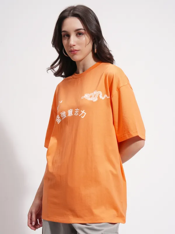 Tokyo Talkies Women Orange Printed Round Neck Oversized Fit T-Shirt