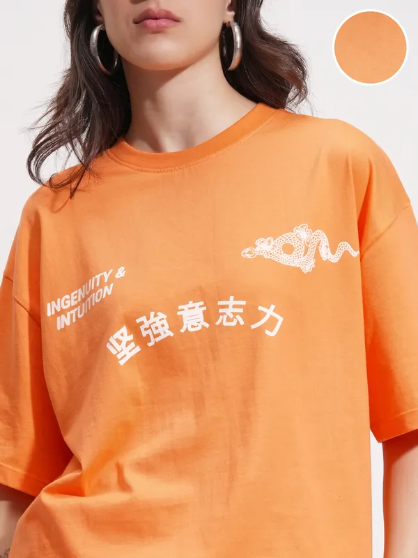 Tokyo Talkies Women Orange Printed Round Neck Oversized Fit T-Shirt