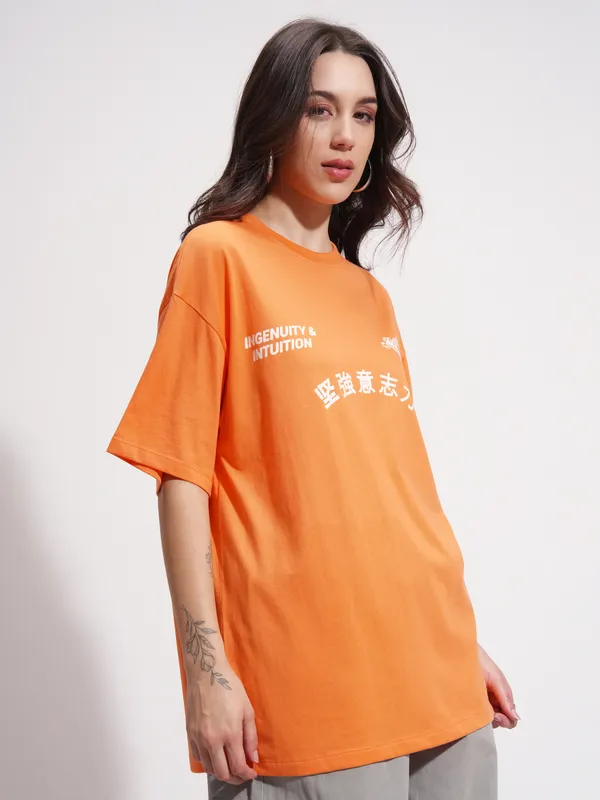 Tokyo Talkies Women Orange Printed Round Neck Oversized Fit T-Shirt