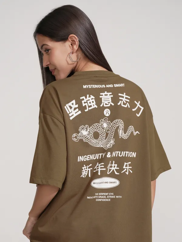 Tokyo Talkies Women Brown Printed Round Neck Oversized Fit T-Shirt