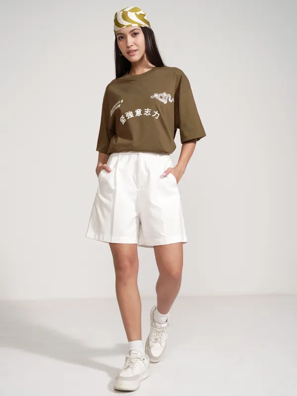 Tokyo Talkies Women Brown Printed Round Neck Oversized Fit T-Shirt