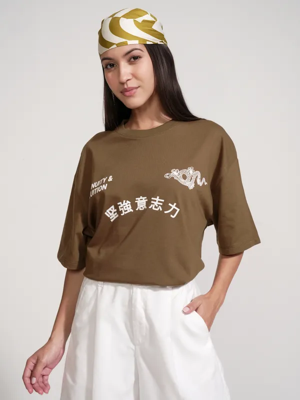 Tokyo Talkies Women Brown Printed Round Neck Oversized Fit T-Shirt