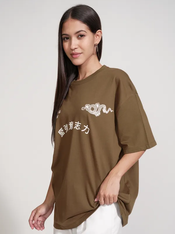 Tokyo Talkies Women Brown Printed Round Neck Oversized Fit T-Shirt