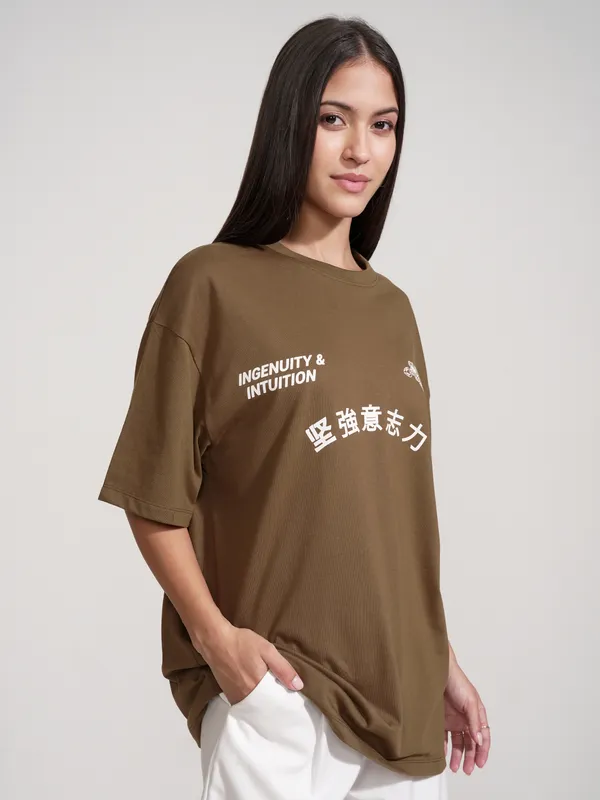 Tokyo Talkies Women Brown Printed Round Neck Oversized Fit T-Shirt