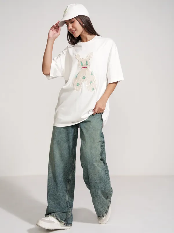 Tokyo Talkies Women White Applique Round Neck Oversized Fit T-Shirt